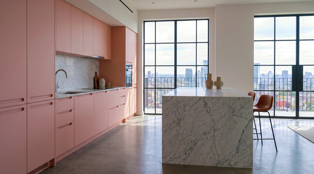 Modern apartment interior featuring pastel pink kitchen cabinets and marble island cabinetry countertop barstool furniture colorful architecture renovation property