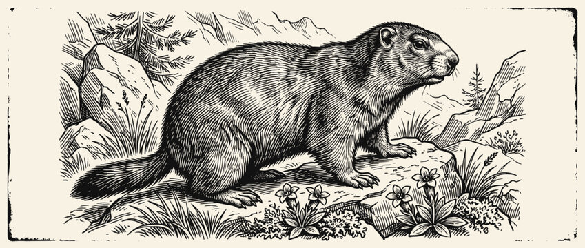 Groundhog illustration in natural habitat. Burrowing rodent artwork. Vector illustration.