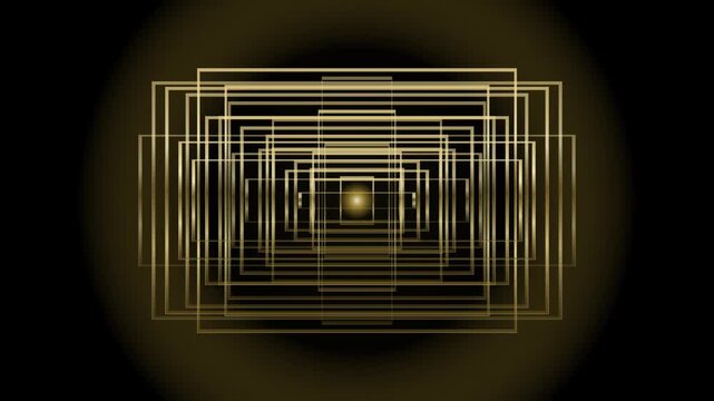 Luxurious golden rectangular frames creating a glowing futuristic tunnel on a black background