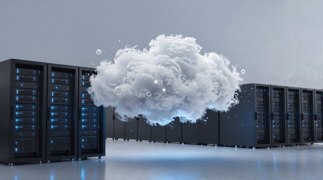 Glowing white data cloud floating above black server racks