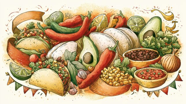 Vibrant hand-crafted taco doodle artwork for posters and wallpapers with playful food elements and banners