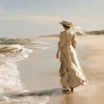 Vintage 1900s seaside stroll: illustration of a woman in a long dress and wide-brim hat walking along a sunlit beach