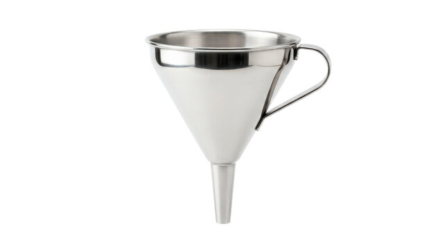 Shiny metallic funnel with smooth conical body, narrow tapered spout and small side handle, polished stainless-steel reflections and clean utilitarian design. Photorealistic studio product