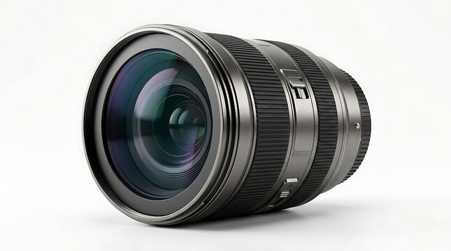 A professional black camera lens with reflective glass elements shown on a clean white background.