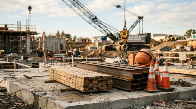 Future construction costs with lumber bundles, steel beams, safety cones, cement mixer drum, and crane hook on an unfinished foundation slab.