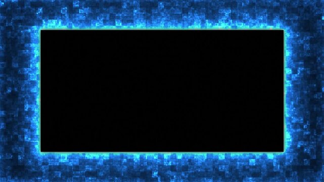 Blue digital frame with glowing pixel blocks on black background for tech overlay design