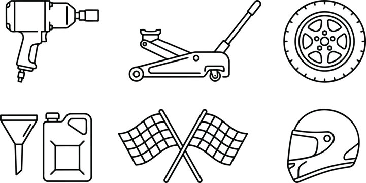 Car repair garage tool icon vector set with outline impact wrench hydraulic floor jack tire and racing helmet symbols