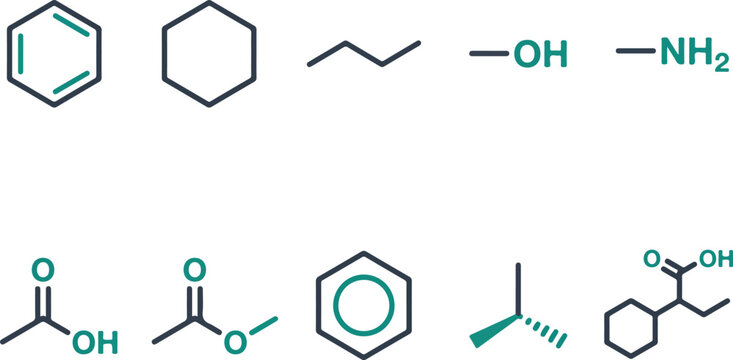 Organic Chemistry Molecular Structures Vector Set with Benzene Ring, Chemical Bonds and Functional Groups
