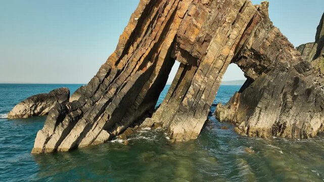Aerial view of Blackchurch Rock formation on the Devon coast