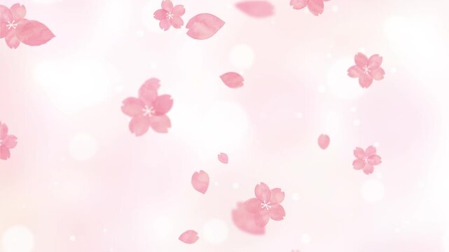 桜の花びら,桜,花,春,イラスト,水彩絵具で描かれた桜の花びらが舞う春の風景,可愛い春の背景素材,柔らかな自然の光,ピンク色の背景にゆっくりと回転しながら花が落ちていく