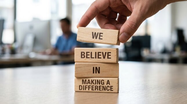 Hand placing block with the words we believe in make a difference