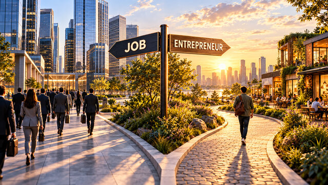 Career choice concept with street sign pointing toward job path and entrepreneur way.