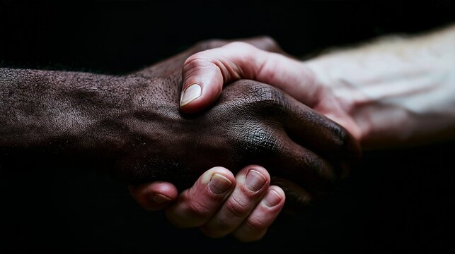 A close-up of two hands of different skin tones clasped together, symbolizing unity, diversity, and cooperation.