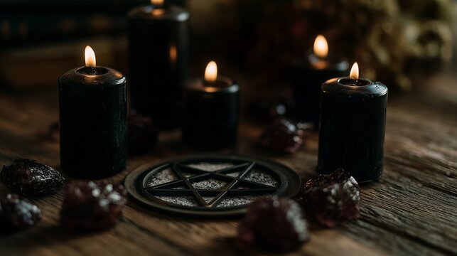 Eerie scene of black candles illuminating a pentagram, evoking mystery and ritualistic ambiance on a wooden surface.