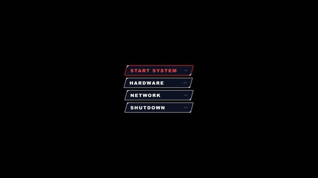 Digital start system menu interface with hardware network and shutdown options displayed on dark computer monitor screen video