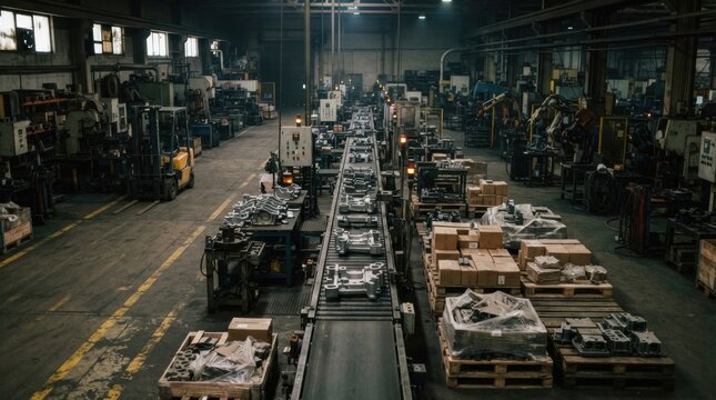 Paused conveyor, unfinished parts, stacked inventory pallets, and muted indicator lights in a quiet manufacturing plant.
