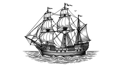 Classic Vintage Sailing Vessel with Stylized Sea Waves Monochrome Vector © Tushar