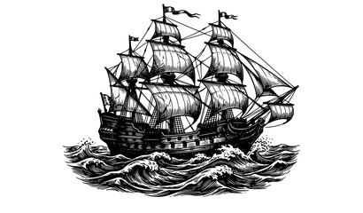 Antique Tall Sailing Ship Navigating Ocean Waves Vintage Vector Art © Tushar