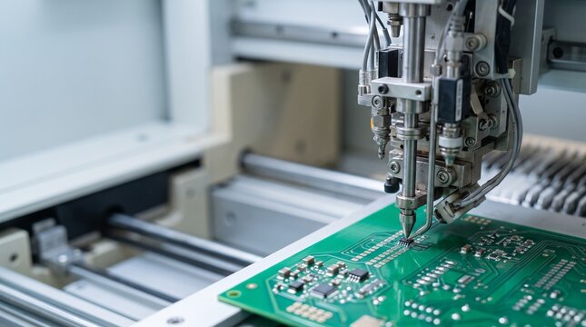 Automated Pick and Place Machine Assembling Electronic Components on a Green Printed Circuit Board in a High-Tech Manufacturing Facility