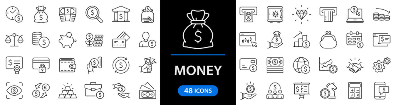 Money and finance set of web icons in line style. Payment and money icons for web and mobile app. Money, dollar, cash, pay, banking, business, finance, coin wallet, credit card. Vector illustration