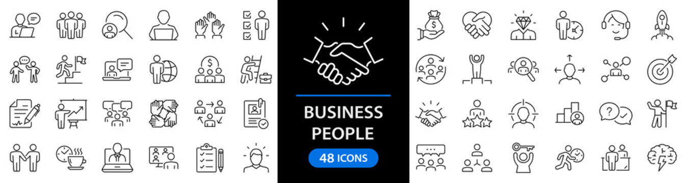Business People set of web icons in line style. Teamwork in business management icons for web and mobile app. Business meeting, handshake, agreement, human resources, office management, workplace team