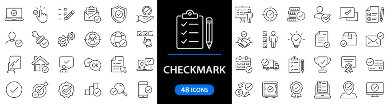 Check mark set of web icons in line style. Approve icons for web and mobile app. Approve, check marks, ticks, inspector, quality check, approved icons and more. Vector illustration
