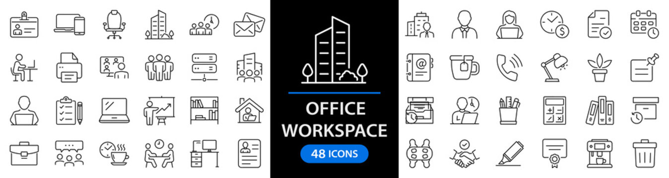 Office workspace set of web icons in line style. Office and coworking icons for web and mobile app. Office, remote working, meeting, co-worker, workspace, desk, computer, business icons and more