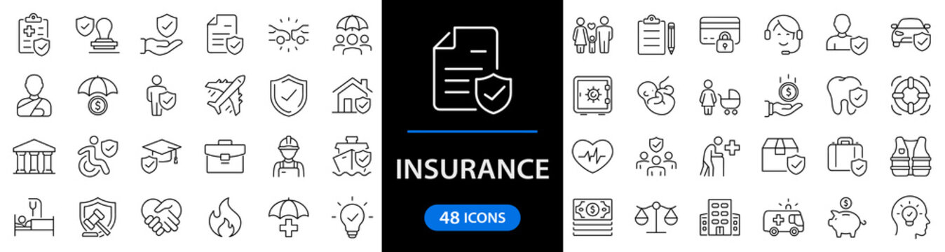 Insurance set of web icons in line style. Insurance and assurance icons for web and mobile app. Protection of health, life, property, car, home, travel insurance icons and more. Vector illustration