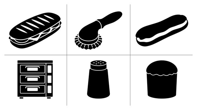 Food and kitchen icons set with sandwich, &eacute;clair, cake, salt shaker, cabinet and brush for cooking and cafe design