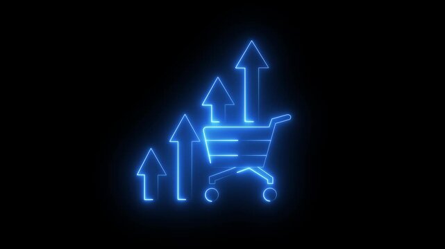Glowing neon market Potential and Business growth shopping Cart Icon on black background.