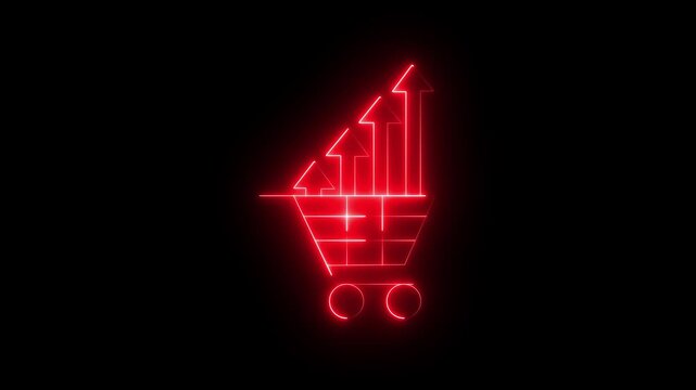 Glowing Neon Market Trend and E-commerce growth Shopping Cart Icon on black background.