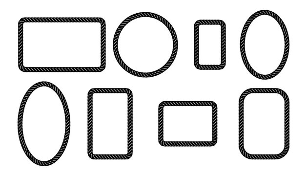 Set of rope frames in different shapes, collection of nautical border elements, simple black outline frames