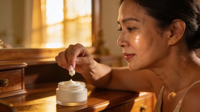 Applying middle-aged Asian woman in tank top dabbing cream with finger at home vanity, cream jar