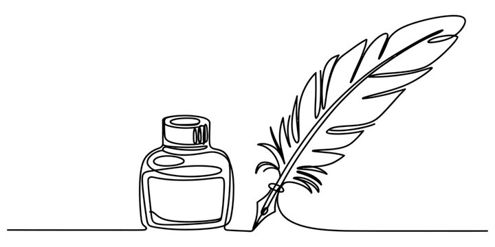 Continuous single line drawing of an old ink bottle and a feather quill