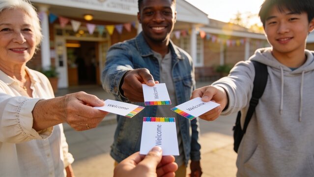 Holding rainbow welcome cards, greeters in denim welcoming visitors at community center entrance