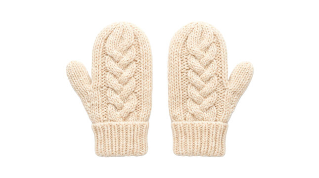 Knitted mittens made from chunky wool yarn, cozy cable-knit texture, rounded classic shape and thick ribbed cuffs, warm handcrafted winter accessory; photorealistic product photography, top view,