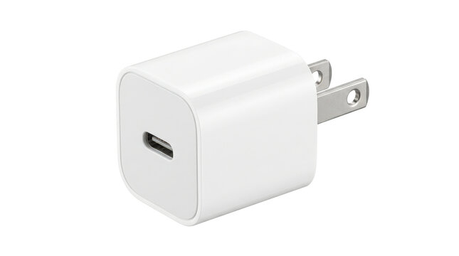Wall charger, compact charging adapter with smooth plastic body, metal plug pins and single charging port, no branding, photorealistic product photography, three-quarter view, tack-sharp focus,