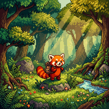 Charming 16-bit pixel art cartoon of a cute red panda wearing a tiny backpack 