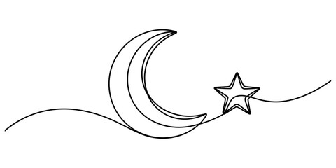 Continuous single line drawing of a crescent moon and a bright star © Icon_gallery