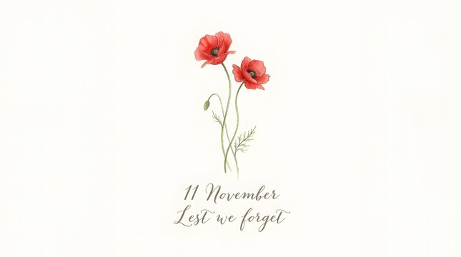 Minimalist remembrance day design with two watercolor poppies and lest we forget text.