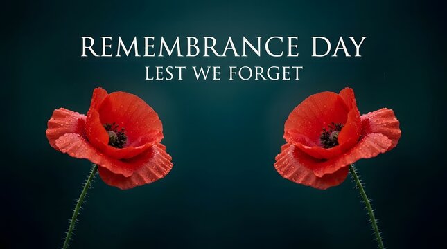 Remembrance day concept with two red poppies and lest we forget text.