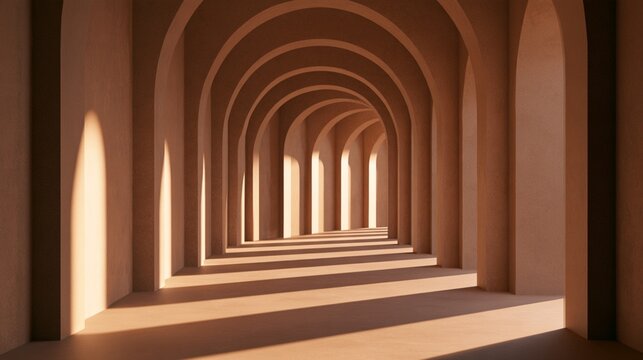 Serene Minimalist Interior with Symmetrical Arches and Long Shadows