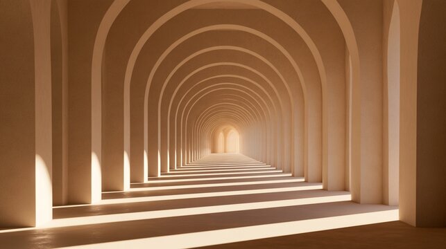 Modern Architectural Hallway with Repeating Archways and Soft Golden Light