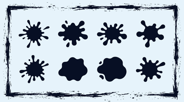 Black inkblot splatter patterns isolated on transparent background. Psychological test symbols for analysis. Inkblots, Rorschach, abstract shapes. Vector illustration.