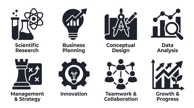 Business and research icons set. Professional concept symbols isolated on transparent background. Scientific, Data, Management, Innovation, Teamwork, Growth icons. Vector illustration.