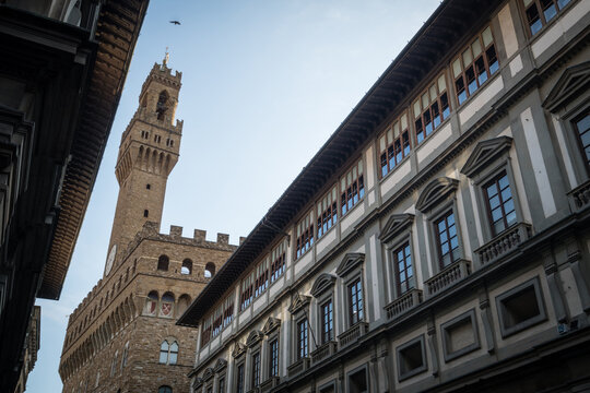 View of Palazzo Vecchio palace from Piazzale degli Uffizi square in Florence, Italy