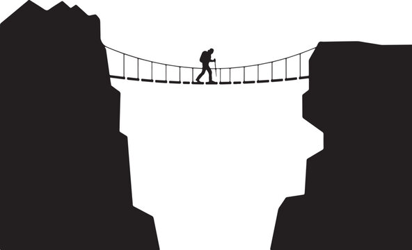 Silhouette of a hiker with a backpack and walking stick crossing a rope bridge between two mountain cliffs, isolated on a white background