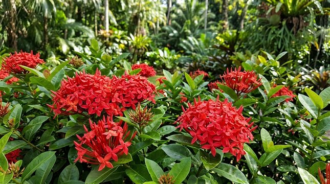 Dense clusterbright scarlet tropical ixora florets blossoming amid rich green foliage within lush botanical garden landscape backdrop flowers red tropical garden blooming green leaves cluster