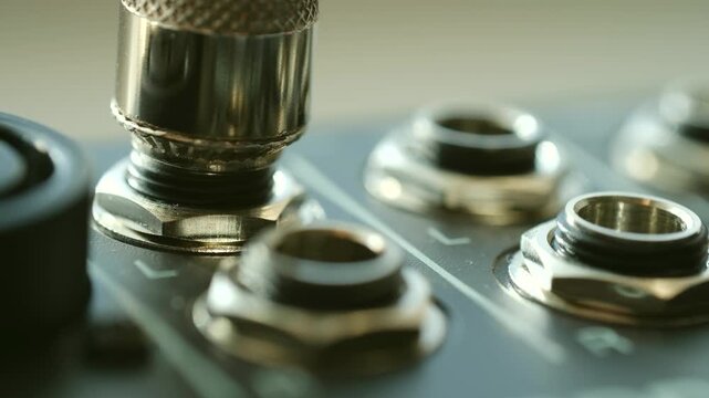 Close up view of a chrome audio jack connector being plugged into an input socket of a professional sound mixing console, creating a secure connection for music or sound recording