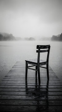 Wooden chair on pier in misty lake